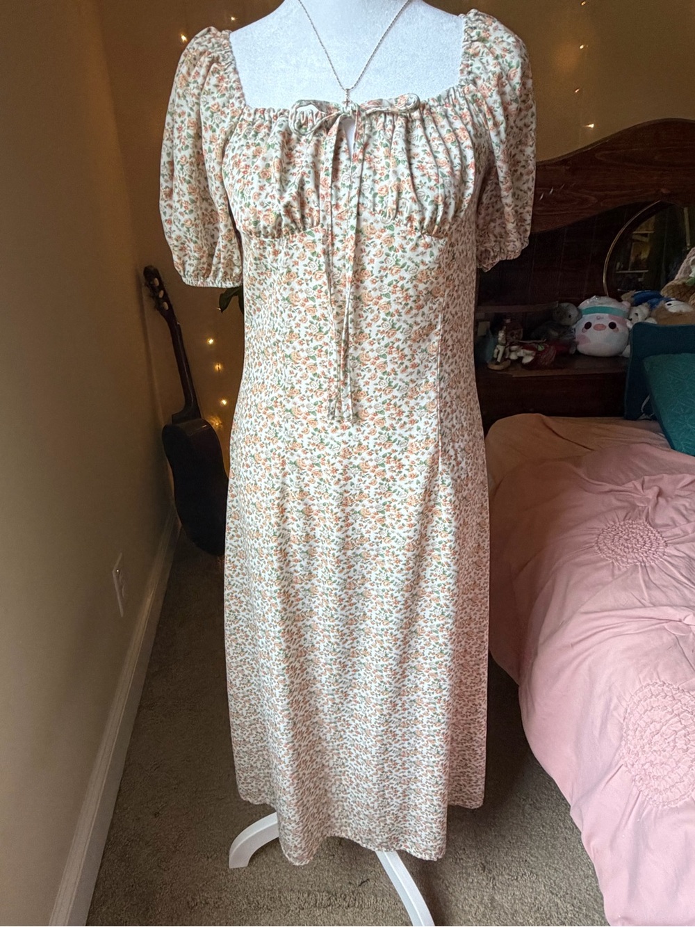 SHEIN Cream Maxi Dress with Orange Floral Print and Puff Sleeves